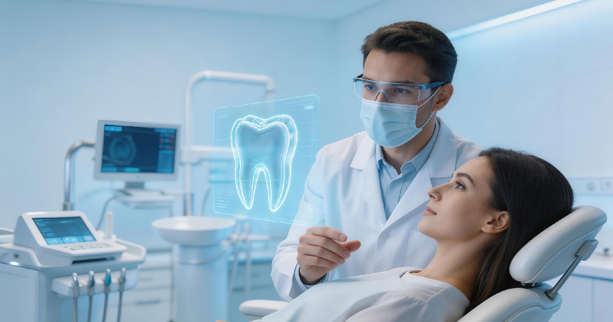 Dentist explaining digital tooth analysis to patient during dental consultation by 24th Street Dental Biltmore in Phoenix, AZ