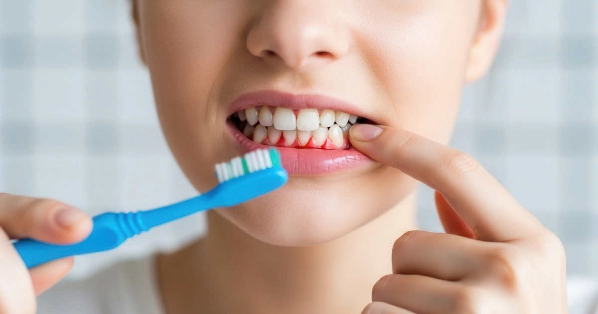 Young woman pointing at bleeding gums while holding toothbrush by 24th Street Dental Biltmore in Phoenix, AZ