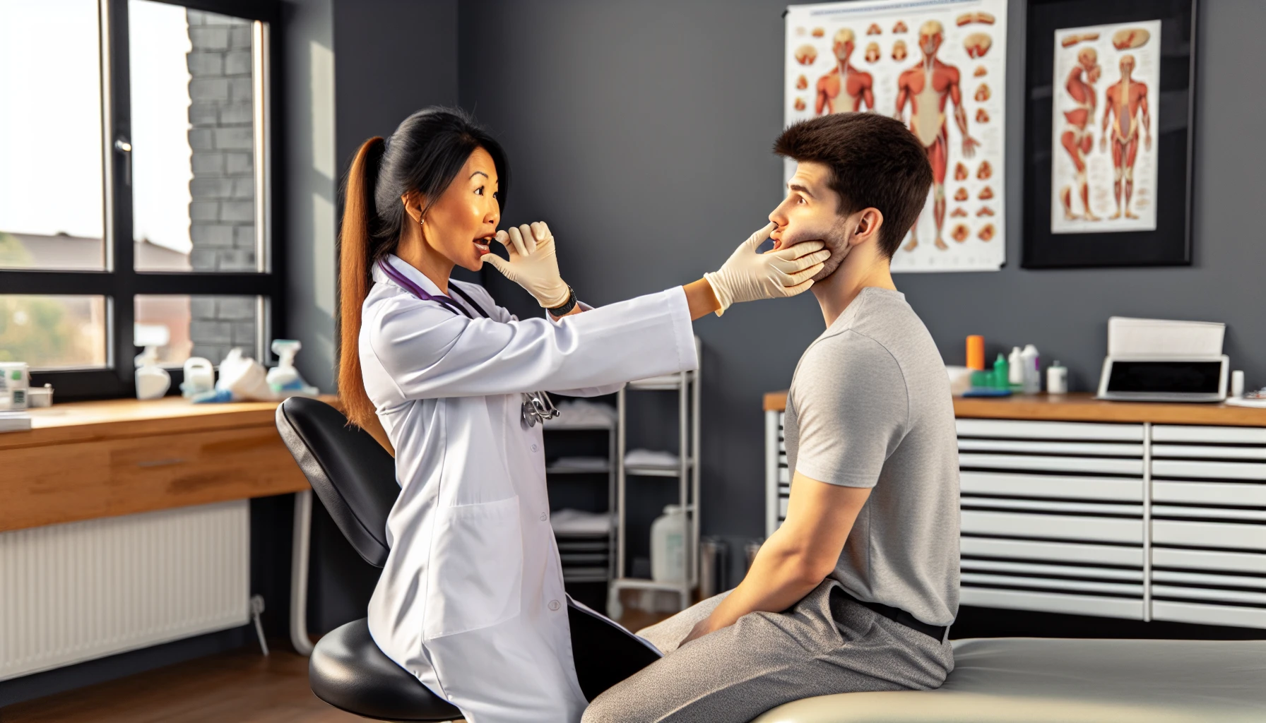 Physical therapist demonstrating jaw exercises for TMJ treatment
